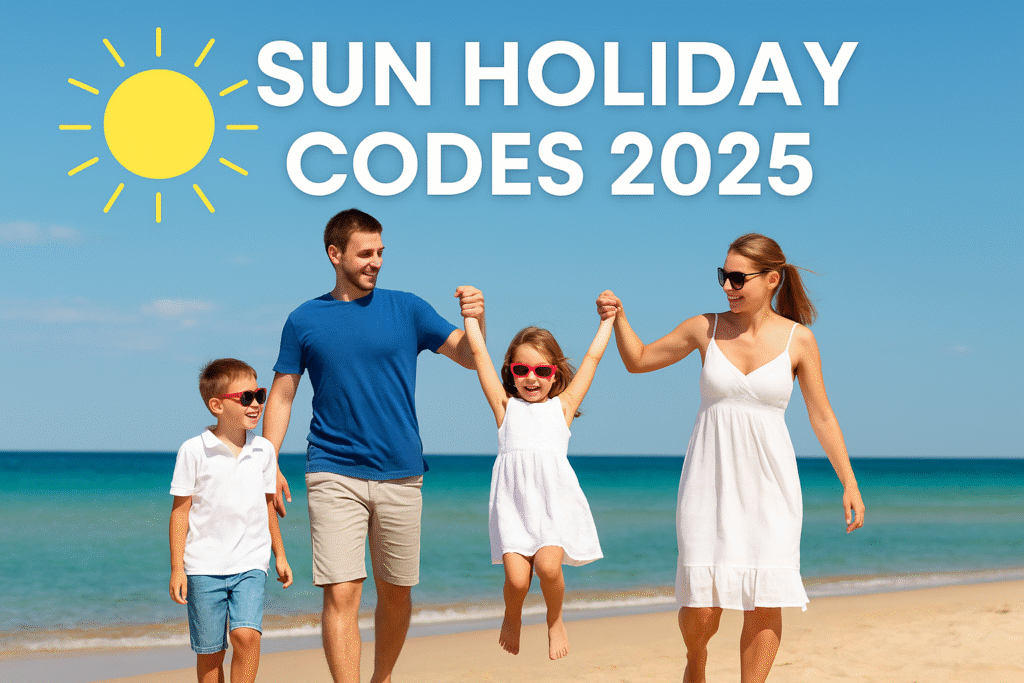 Family walking on a beach under a blue sky – Sun Holiday Codes 2025 promotion for budget-friendly UK and Europe getaways